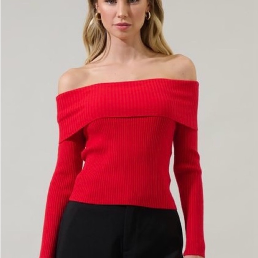 Red Off-the-Shoulder Ribbed Sweater - Picture 3 of 3
